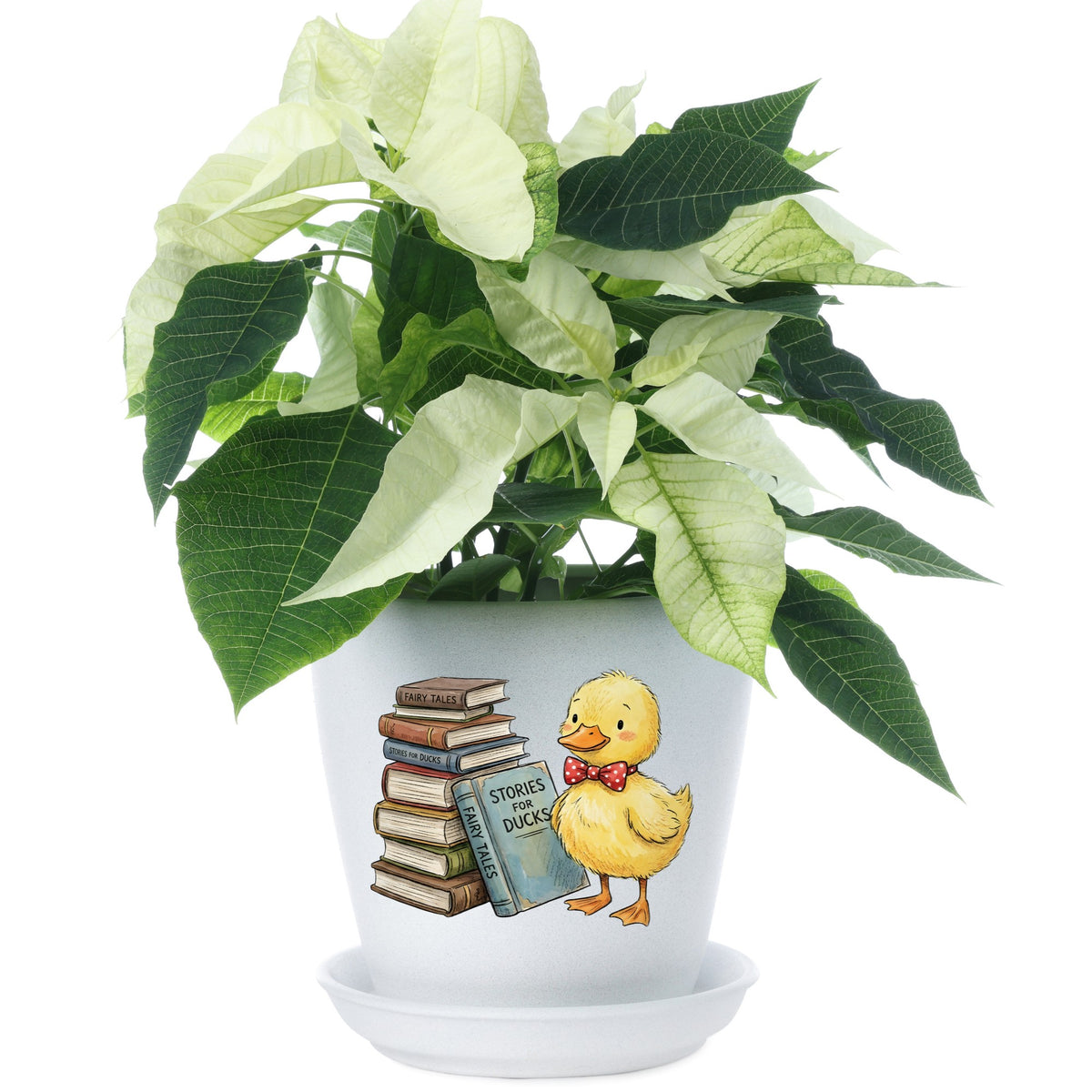 Duckling With Stack Of Storybooks UV DTF sticker applied to a white flower pot