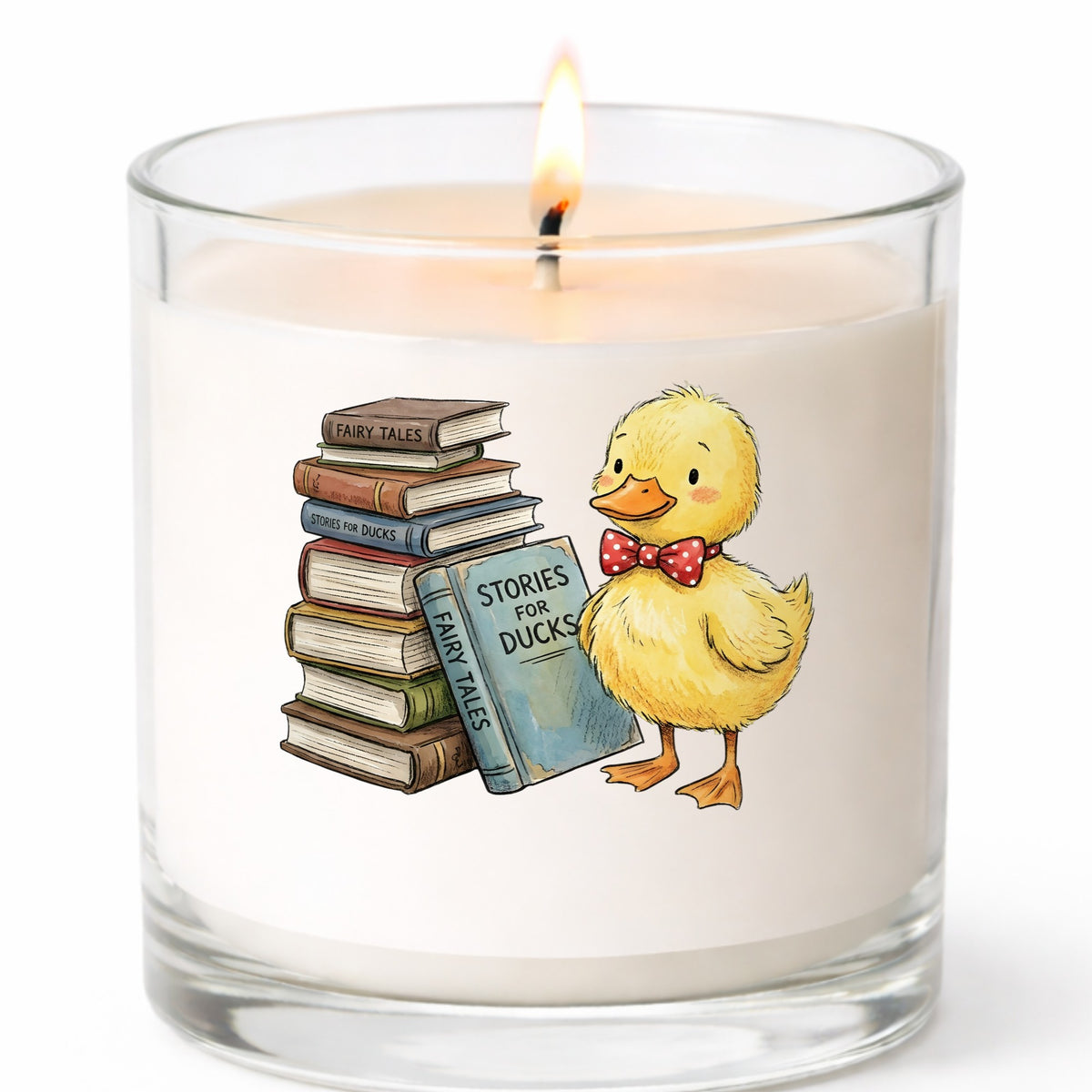 Duckling With Stack Of Storybooks UV DTF sticker applied to a white candle in a clear glass jar