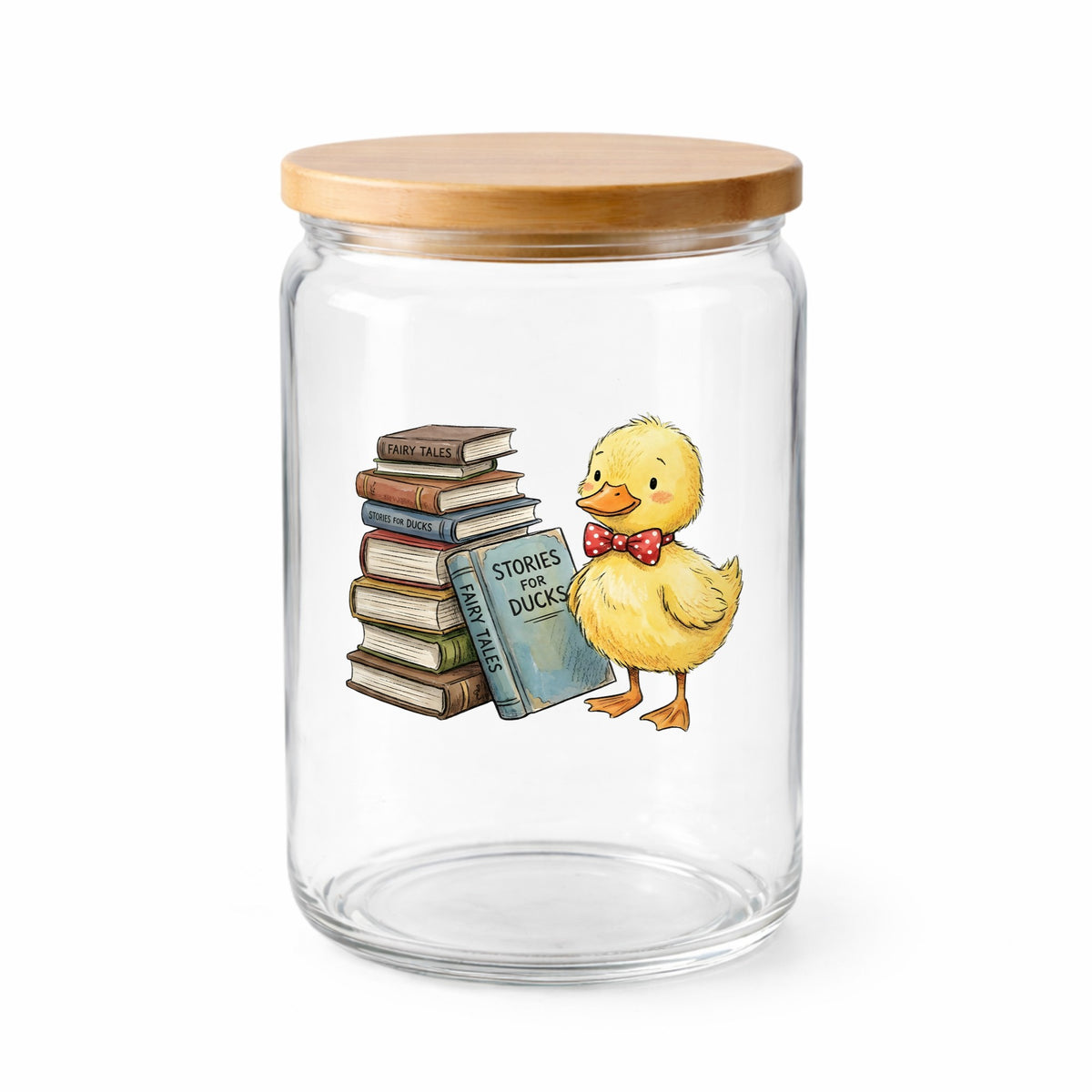 Duckling With Stack Of Storybooks UV DTF sticker applied to a clear glass jar with a wooden lid