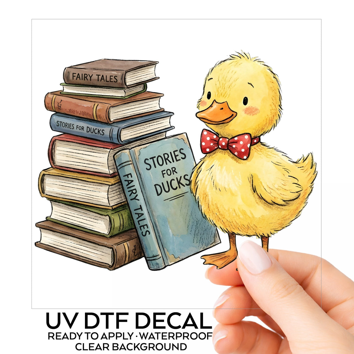 Duckling With Stack Of Storybooks UV DTF sticker on its backing card, held in hand