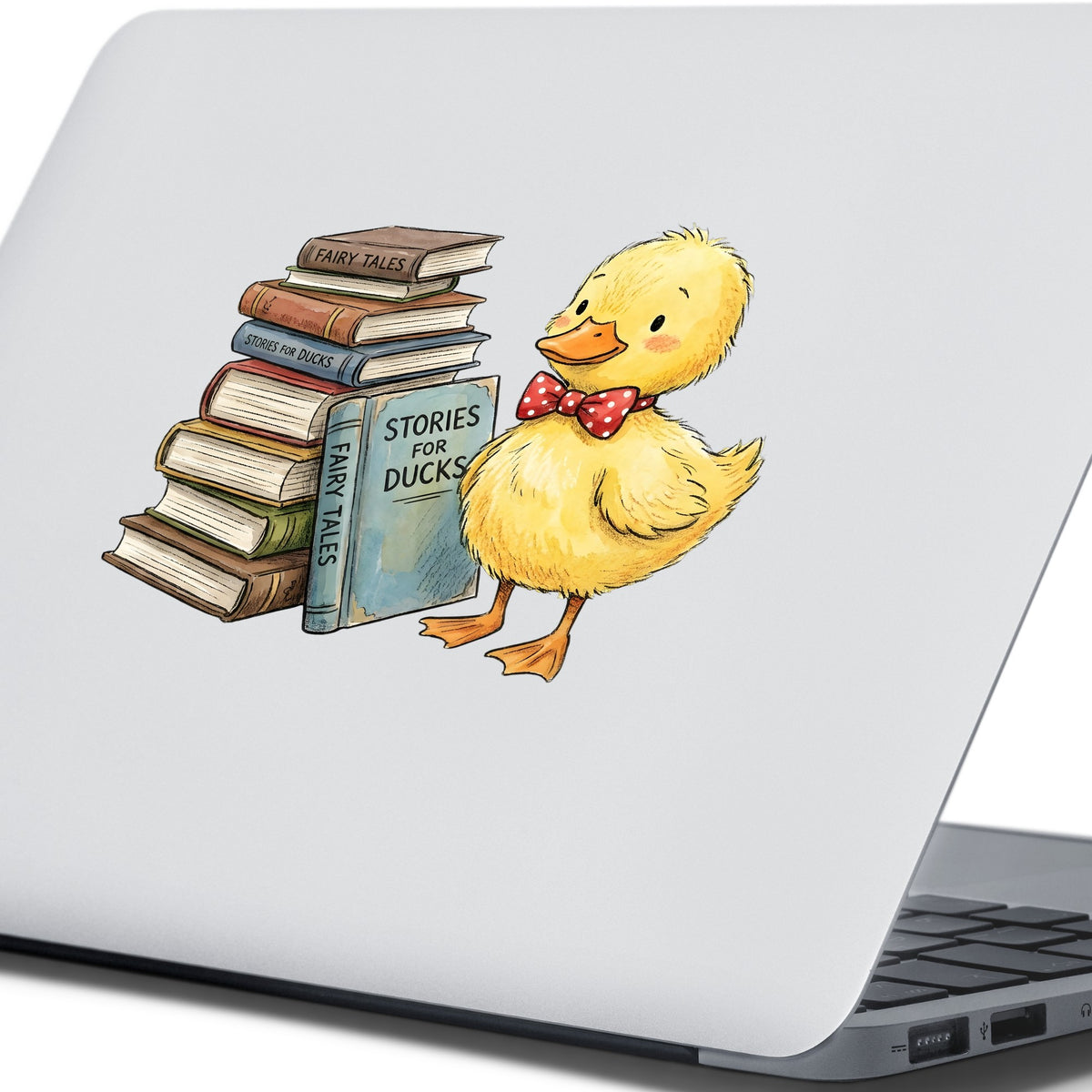 Duckling With Stack Of Storybooks UV DTF sticker applied to the lid of a silver laptop