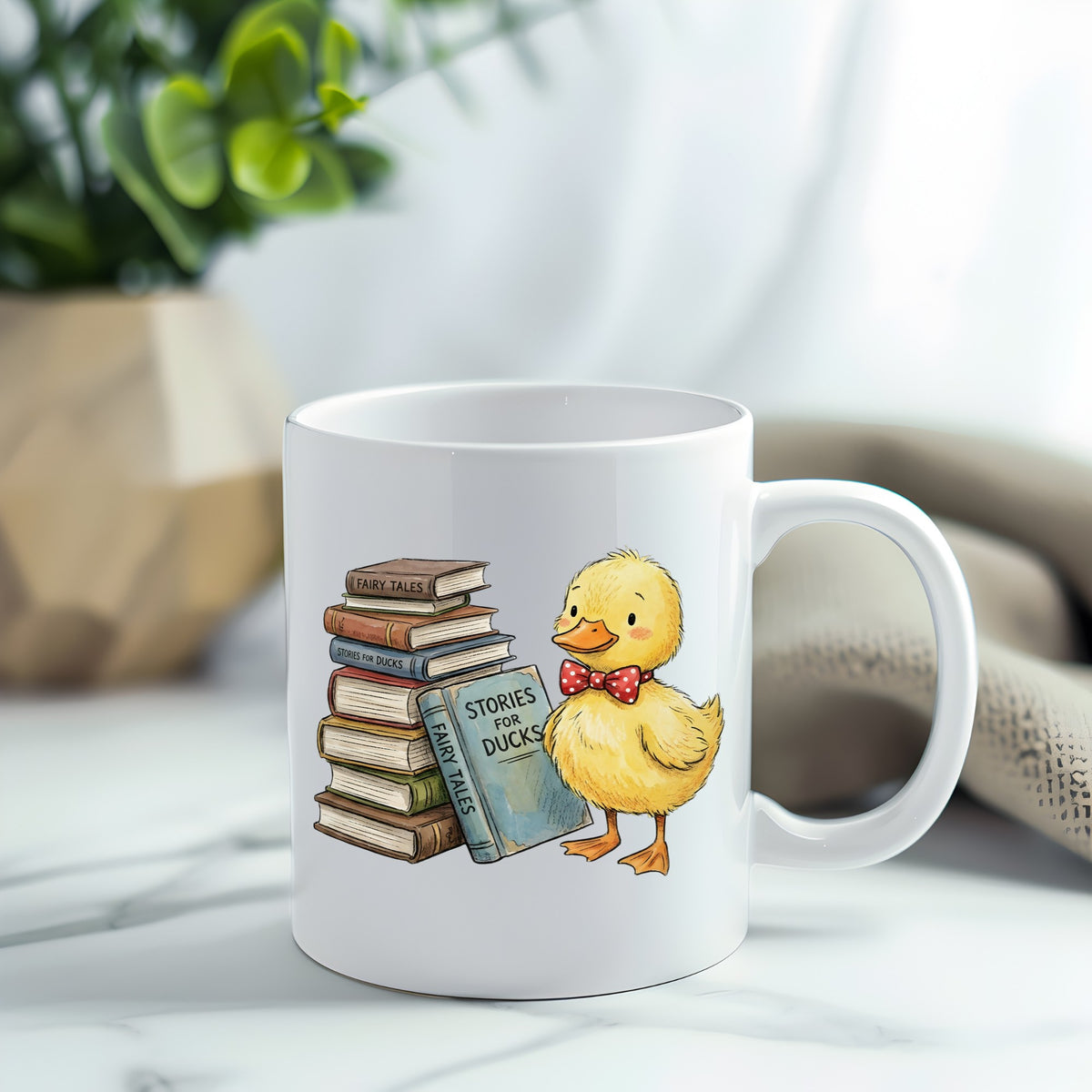 Duckling With Stack Of Storybooks UV DTF sticker applied to a white coffee mug