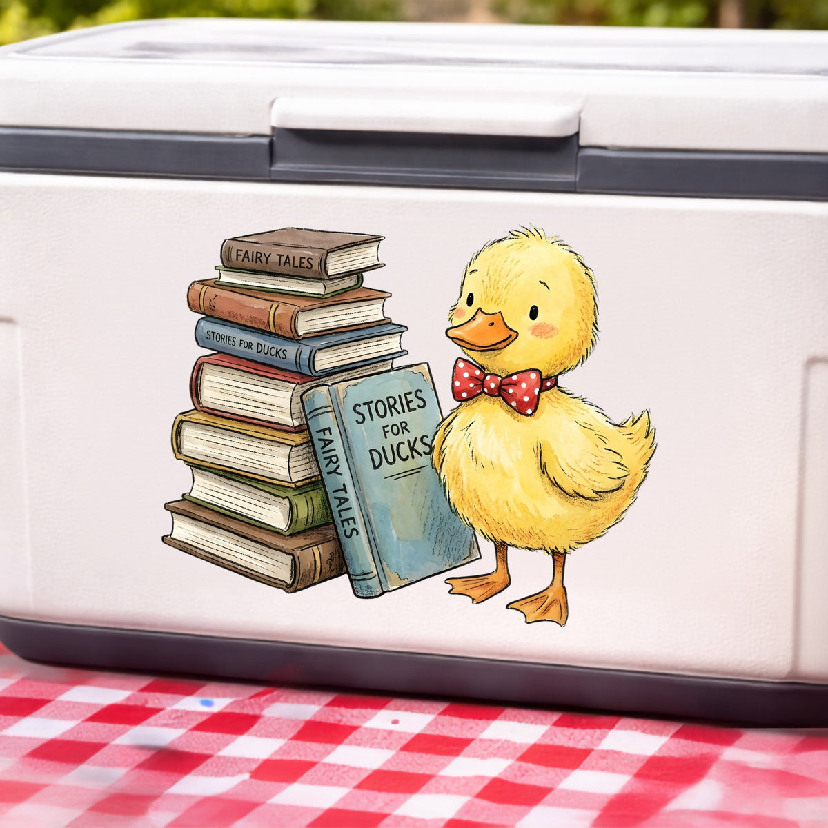 Duckling With Stack Of Storybooks UV DTF sticker applied to a white cooler on a red gingham cloth