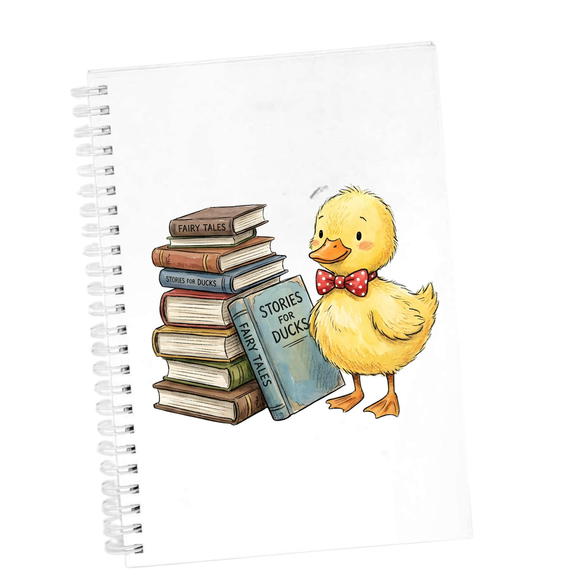 Duckling With Stack Of Storybooks UV DTF sticker applied to the cover of a white spiral journal