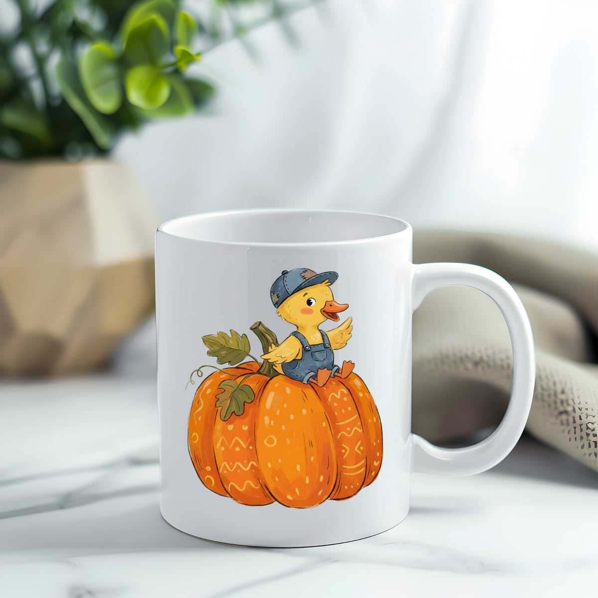 Duckling In Overalls On Pumpkin UV DTF sticker applied to a white coffee mug