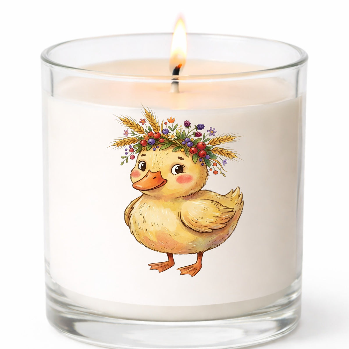 Duckling With Wheat And Berry Crown UV DTF sticker applied to a white candle in a clear glass jar