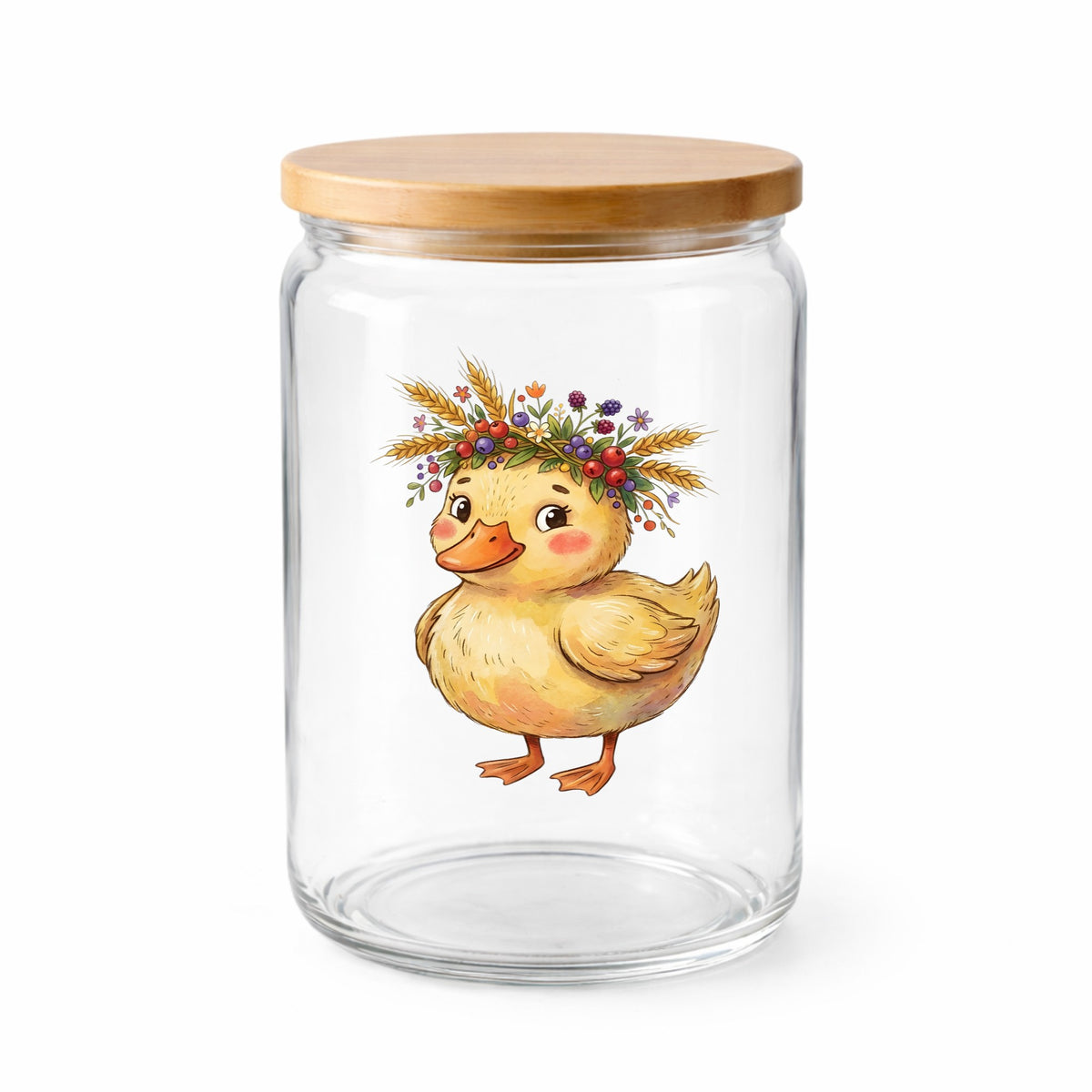 Duckling With Wheat And Berry Crown UV DTF sticker applied to a clear glass jar with a wooden lid