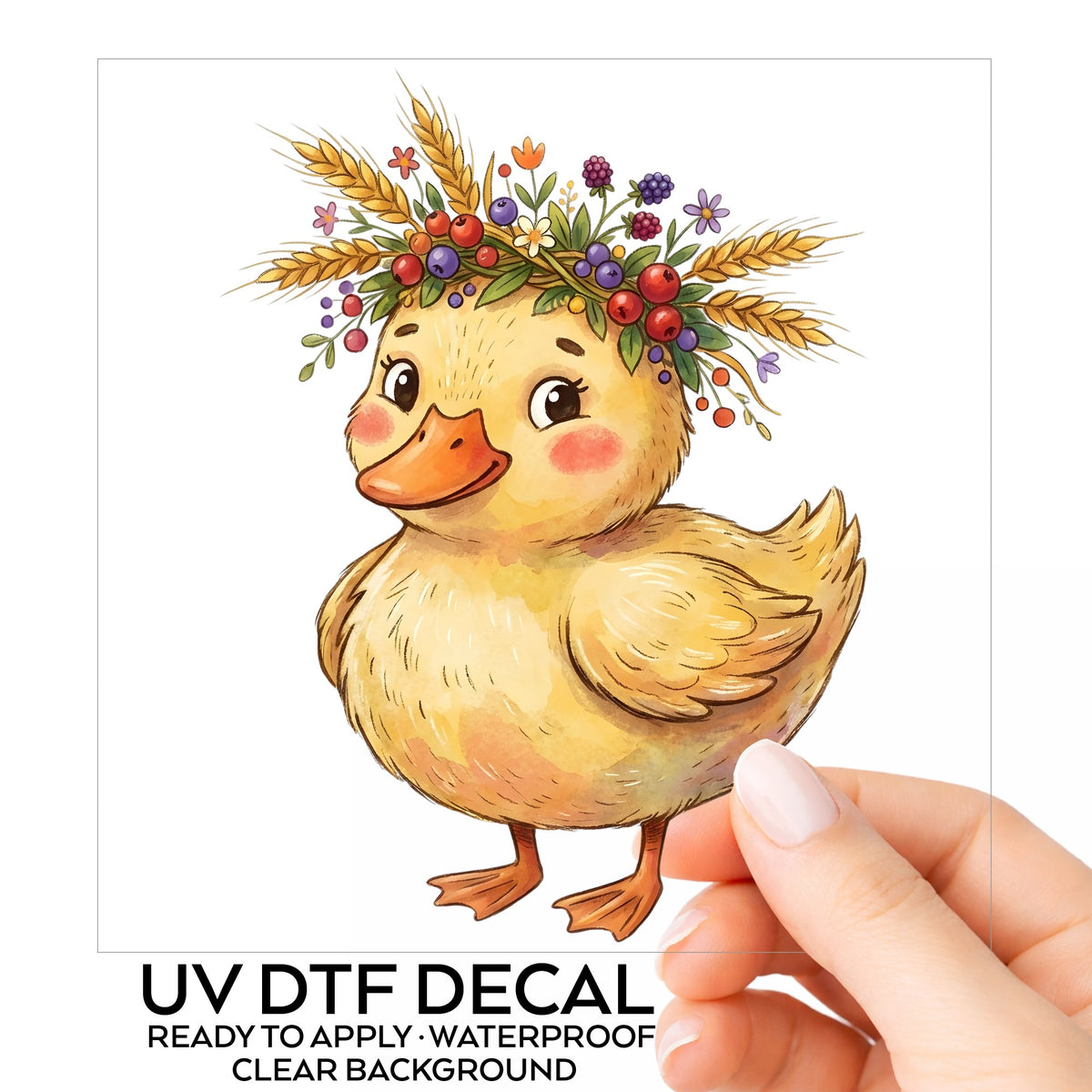 Duckling With Wheat And Berry Crown UV DTF sticker on its backing card, held in hand