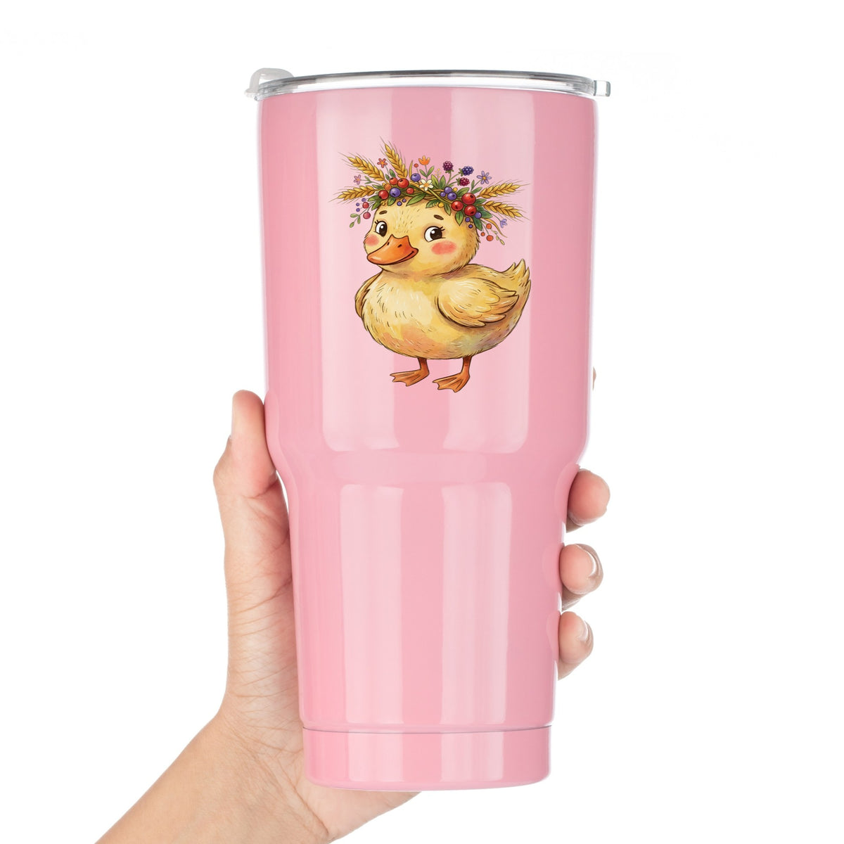 Duckling With Wheat And Berry Crown UV DTF sticker applied to a pink tumbler held against a white background