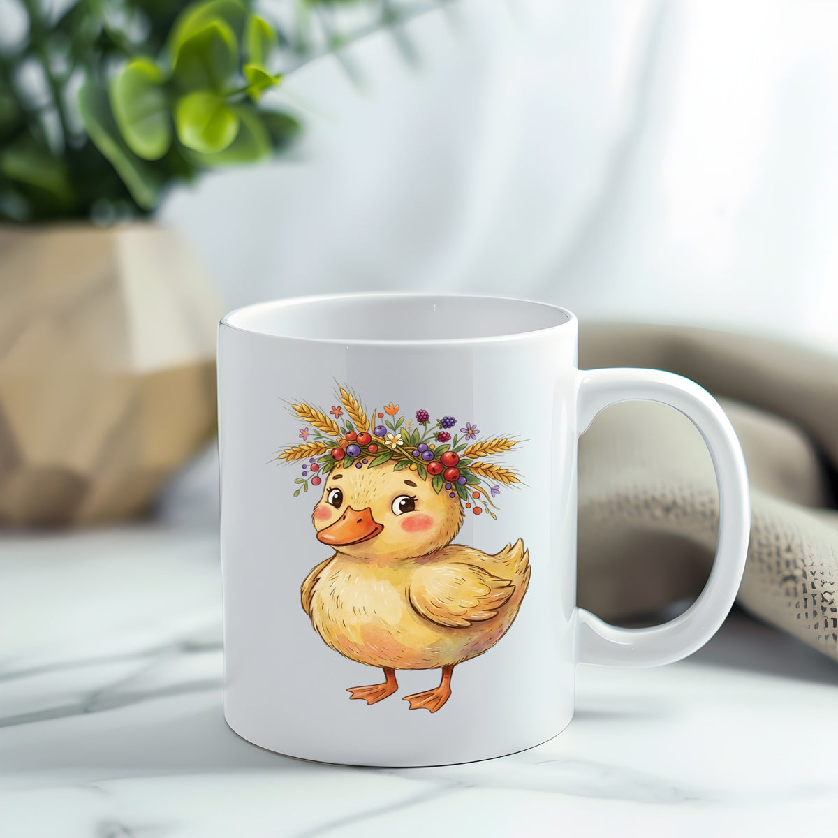 Duckling With Wheat And Berry Crown UV DTF sticker applied to a white coffee mug