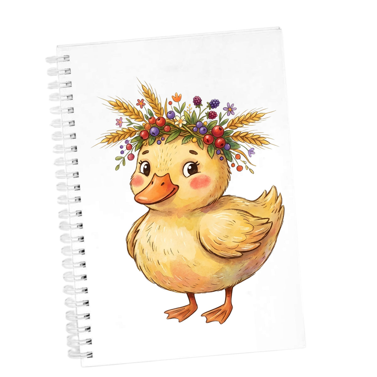 Duckling With Wheat And Berry Crown UV DTF sticker applied to the cover of a white spiral journal