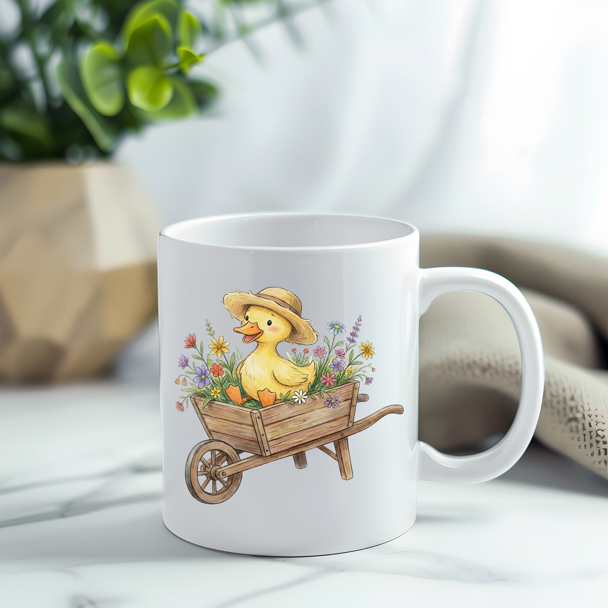 Duckling In Wheelbarrow Of Flowers UV DTF sticker applied to a white coffee mug