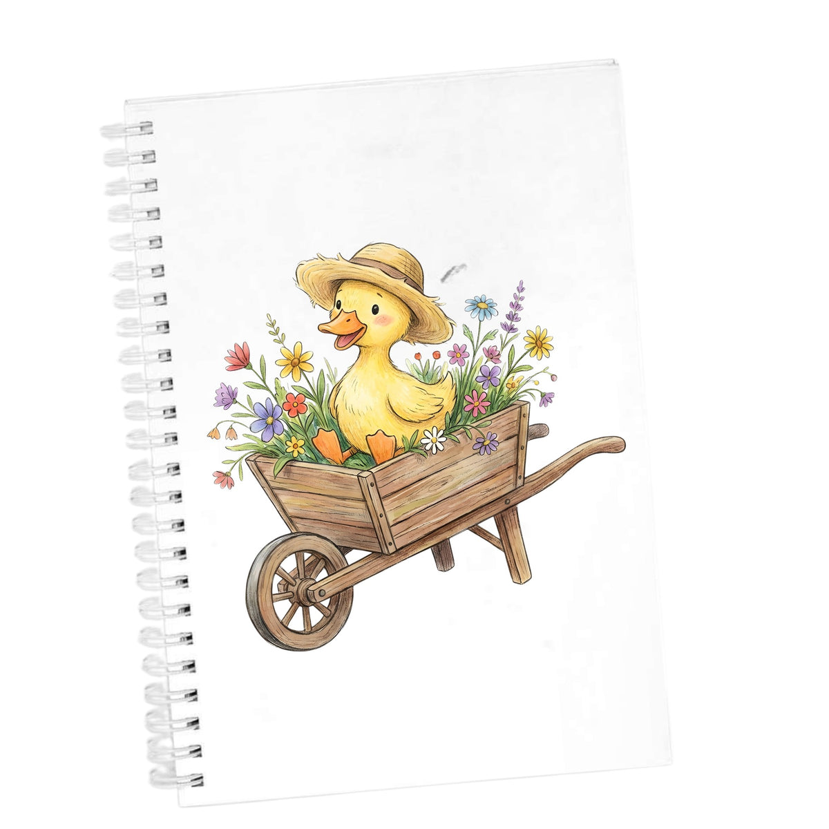 Duckling In Wheelbarrow Of Flowers UV DTF sticker applied to the cover of a white spiral journal