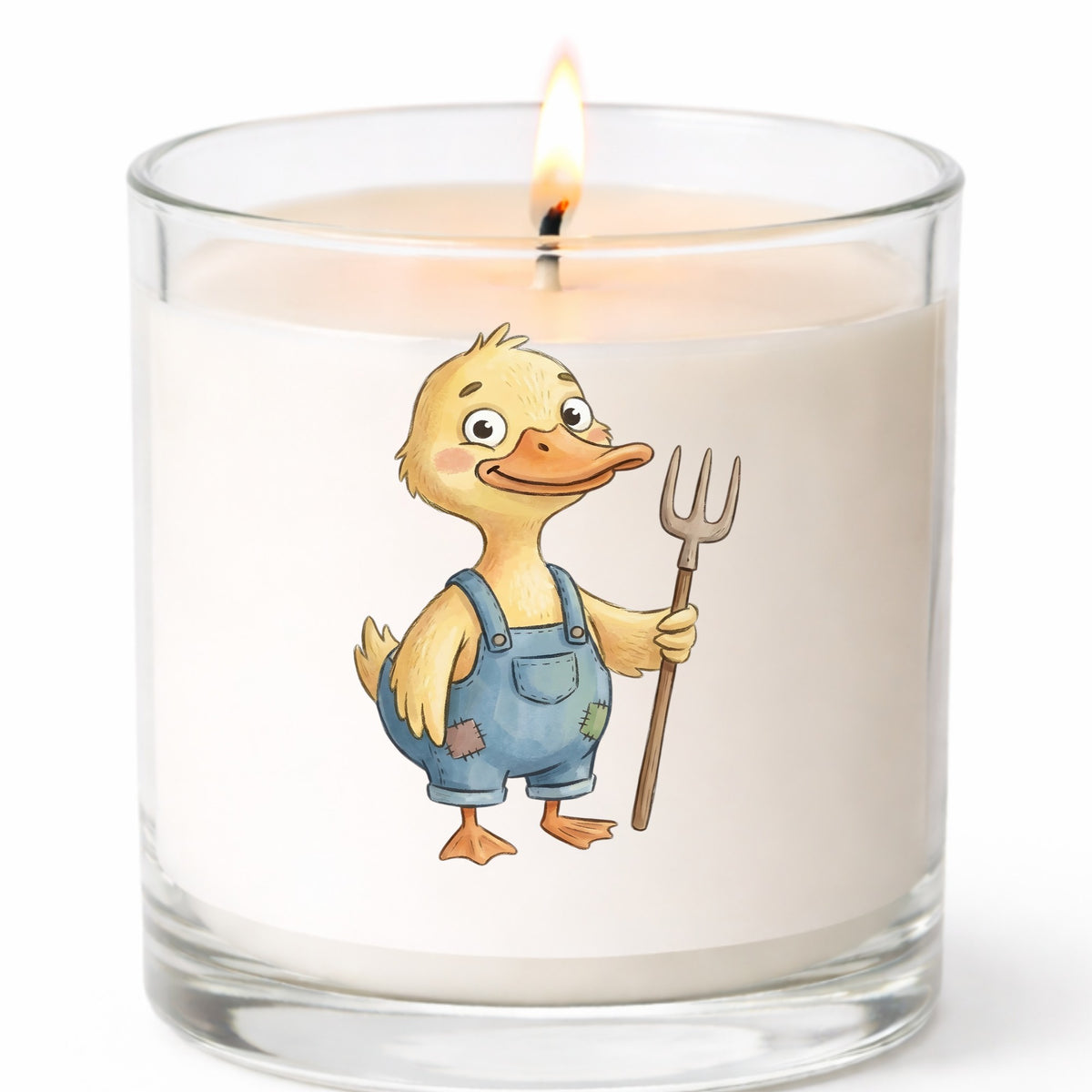 Duck In Overalls Holding Pitchfork UV DTF sticker applied to a white candle in a clear glass jar