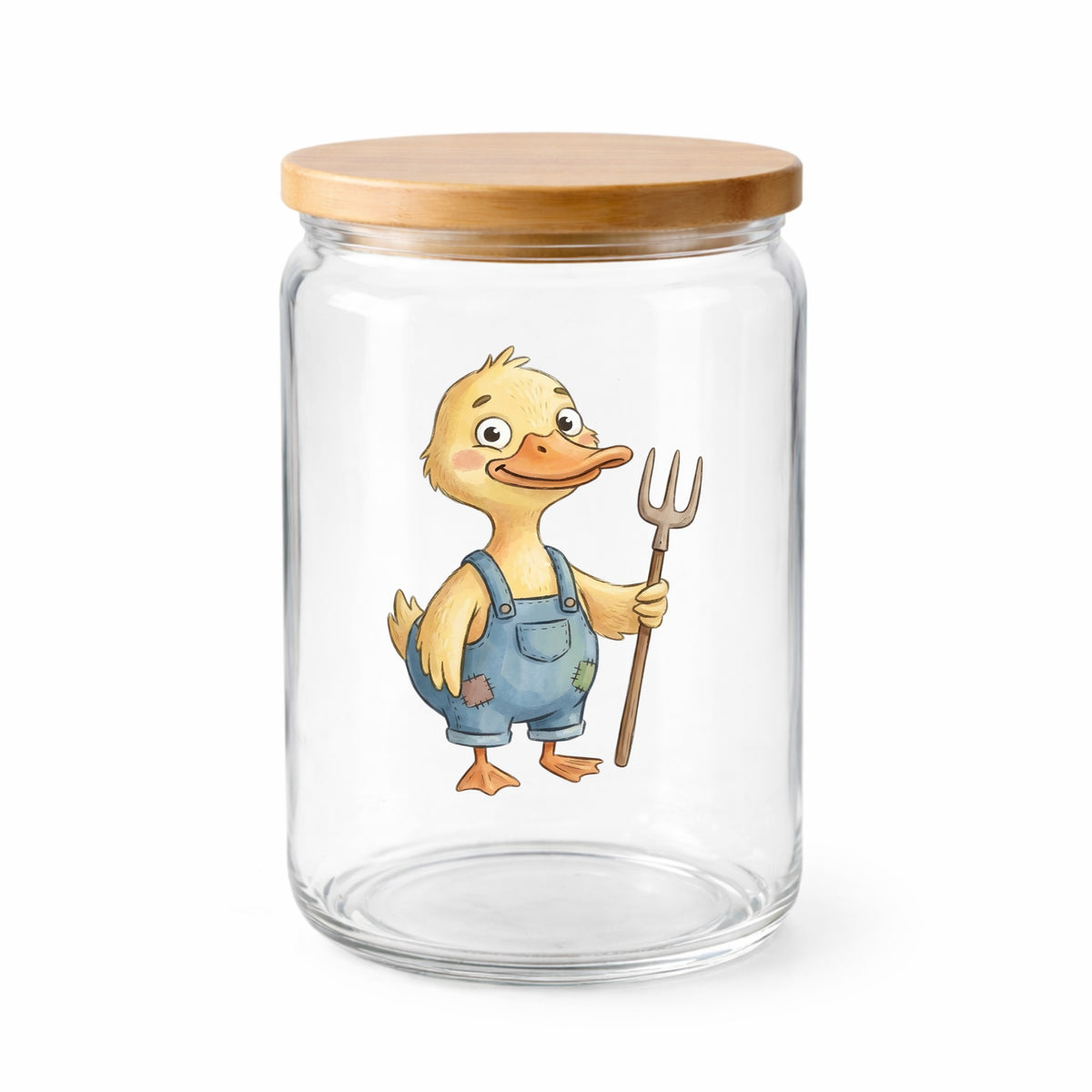 Duck In Overalls Holding Pitchfork UV DTF sticker applied to a clear glass jar with a wooden lid