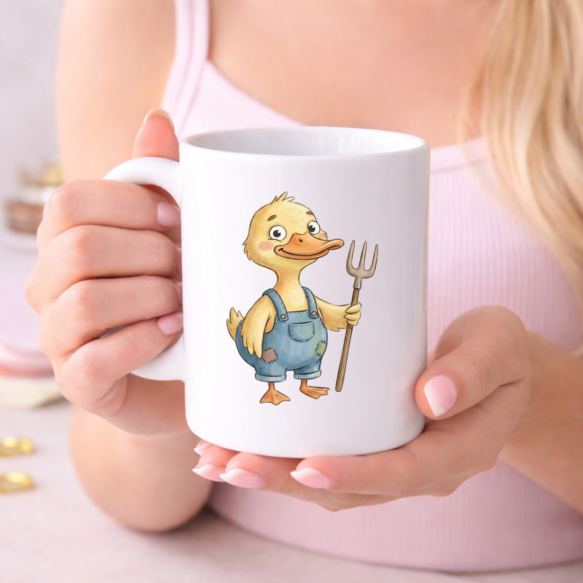 Duck In Overalls Holding Pitchfork UV DTF sticker applied to a white coffee mug held in both hands