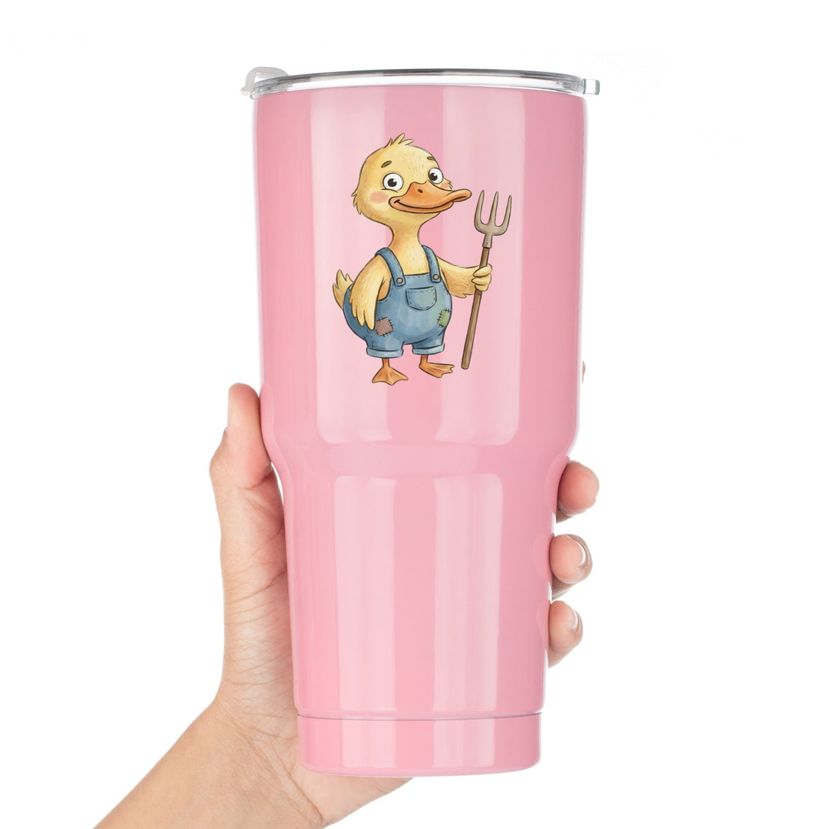 Duck In Overalls Holding Pitchfork UV DTF sticker applied to a pink tumbler held against a white background