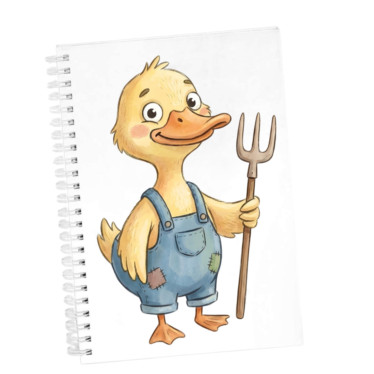 Duck In Overalls Holding Pitchfork UV DTF sticker applied to the cover of a white spiral journal