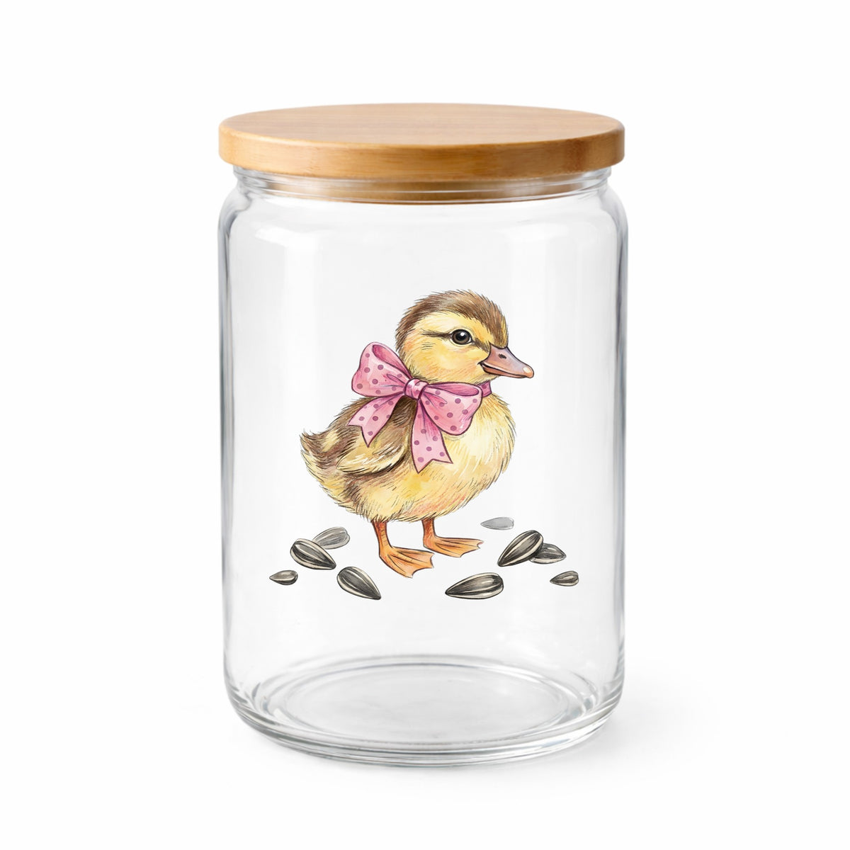Brown Duckling With Pink Bow UV DTF sticker applied to a clear glass jar with a wooden lid