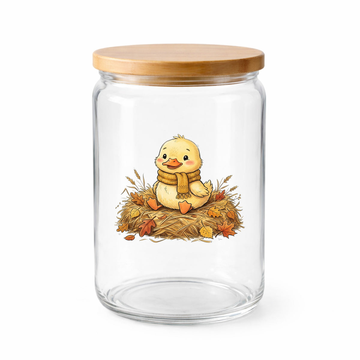 Duckling In Scarf On Hay With Autumn Leaves UV DTF sticker applied to a clear glass jar with a wooden lid