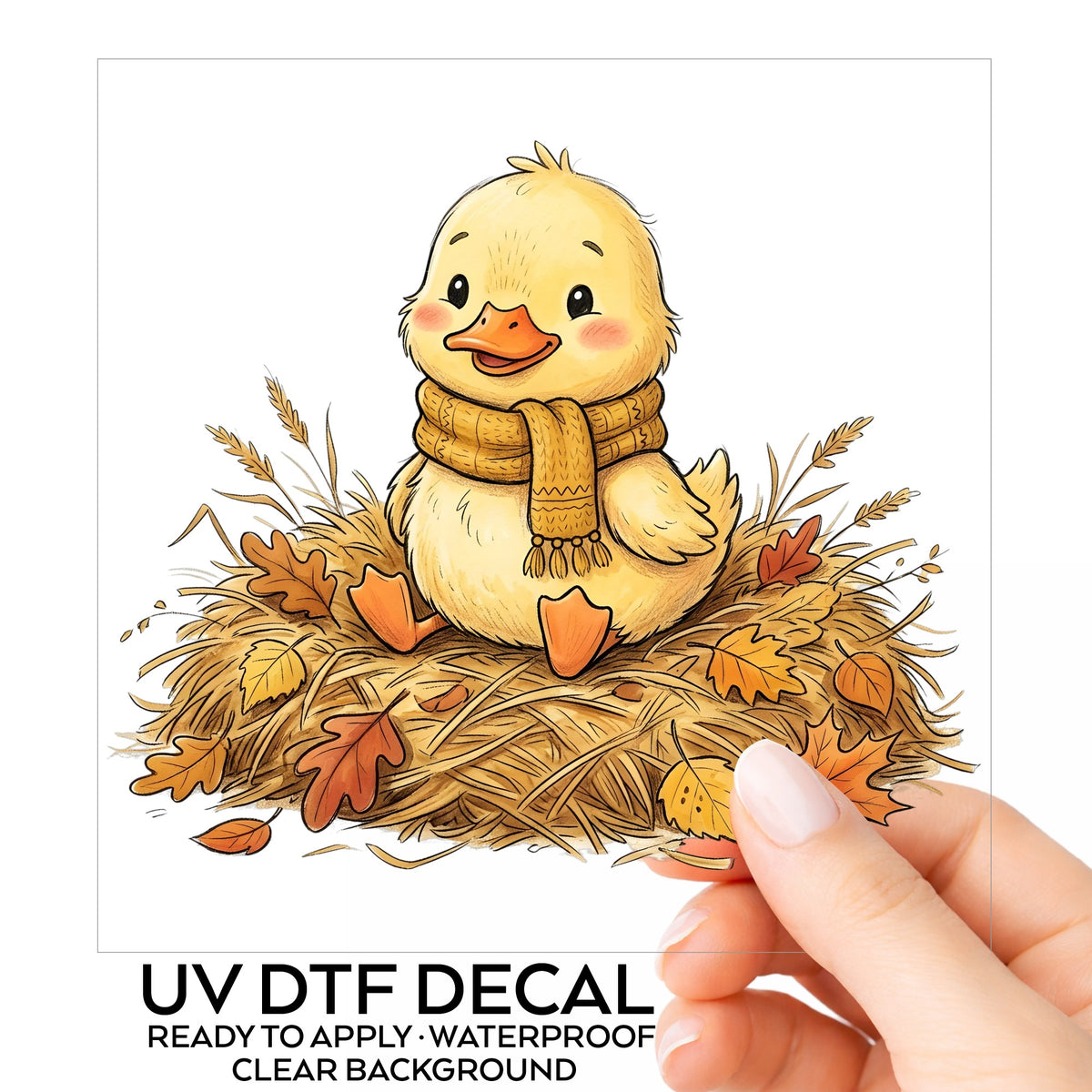 Duckling In Scarf On Hay With Autumn Leaves UV DTF sticker on its backing card, held in hand
