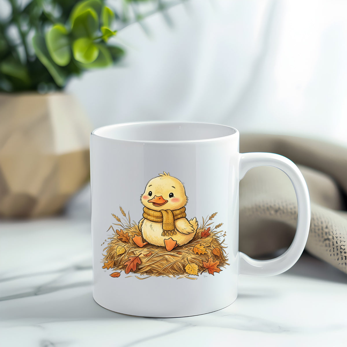 Duckling In Scarf On Hay With Autumn Leaves UV DTF sticker applied to a white coffee mug