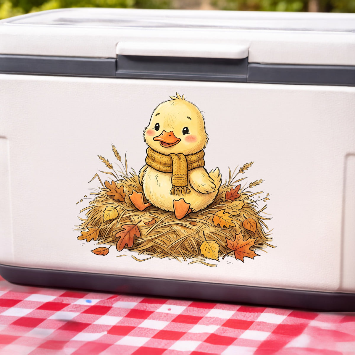 Duckling In Scarf On Hay With Autumn Leaves UV DTF sticker applied to a white cooler on a red gingham cloth