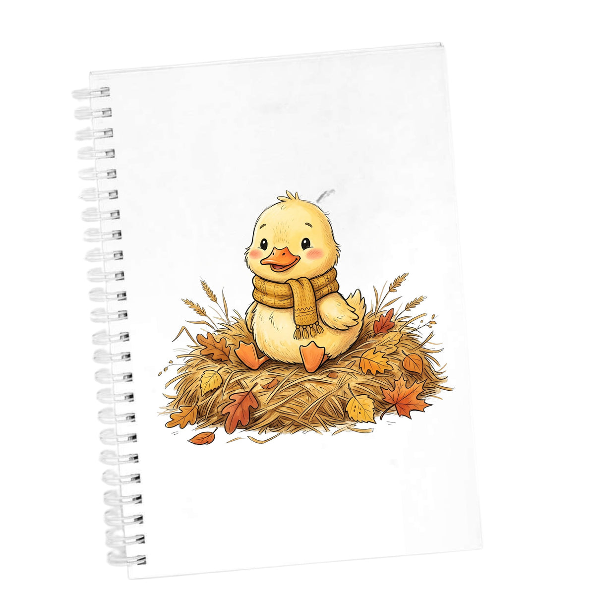 Duckling In Scarf On Hay With Autumn Leaves UV DTF sticker applied to the cover of a white spiral journal