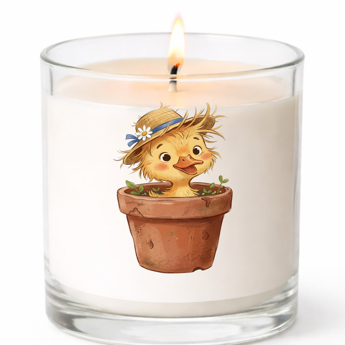 Fluffy Duckling In Flower Pot UV DTF sticker applied to a white candle in a clear glass jar