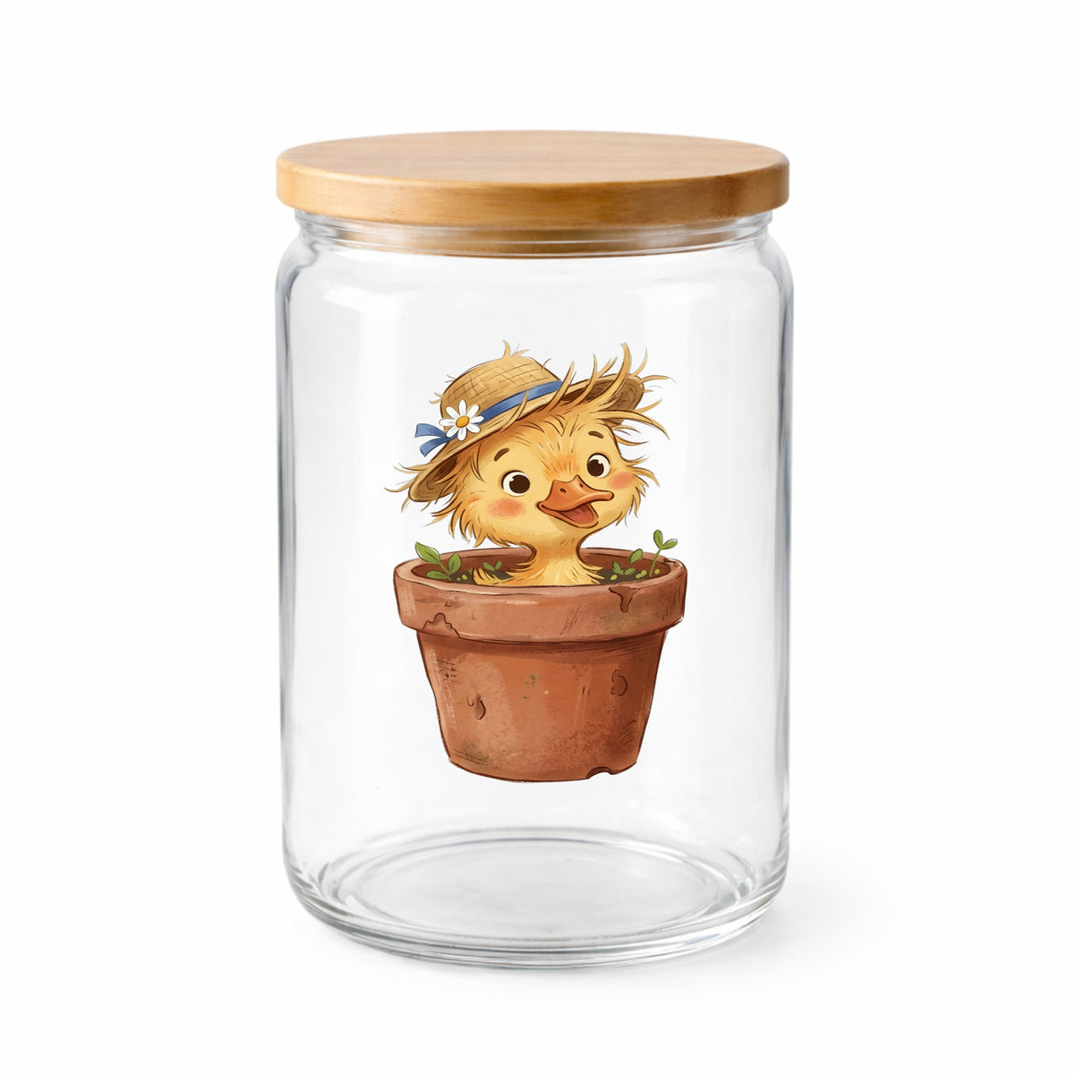 Fluffy Duckling In Flower Pot UV DTF sticker applied to a clear glass jar with a wooden lid