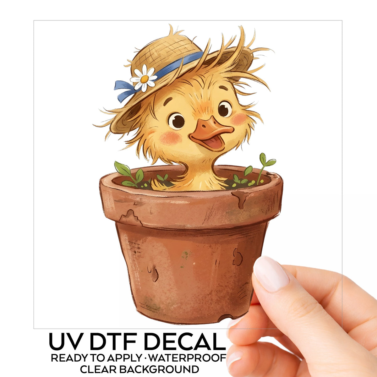 Fluffy Duckling In Flower Pot UV DTF sticker on its backing card, held in hand