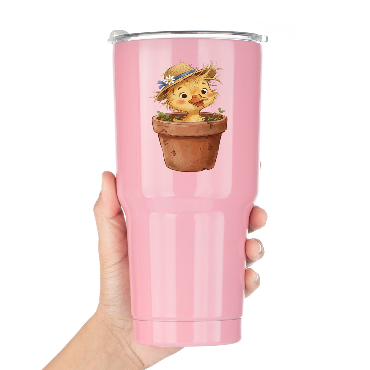 Fluffy Duckling In Flower Pot UV DTF sticker applied to a pink tumbler held against a white background