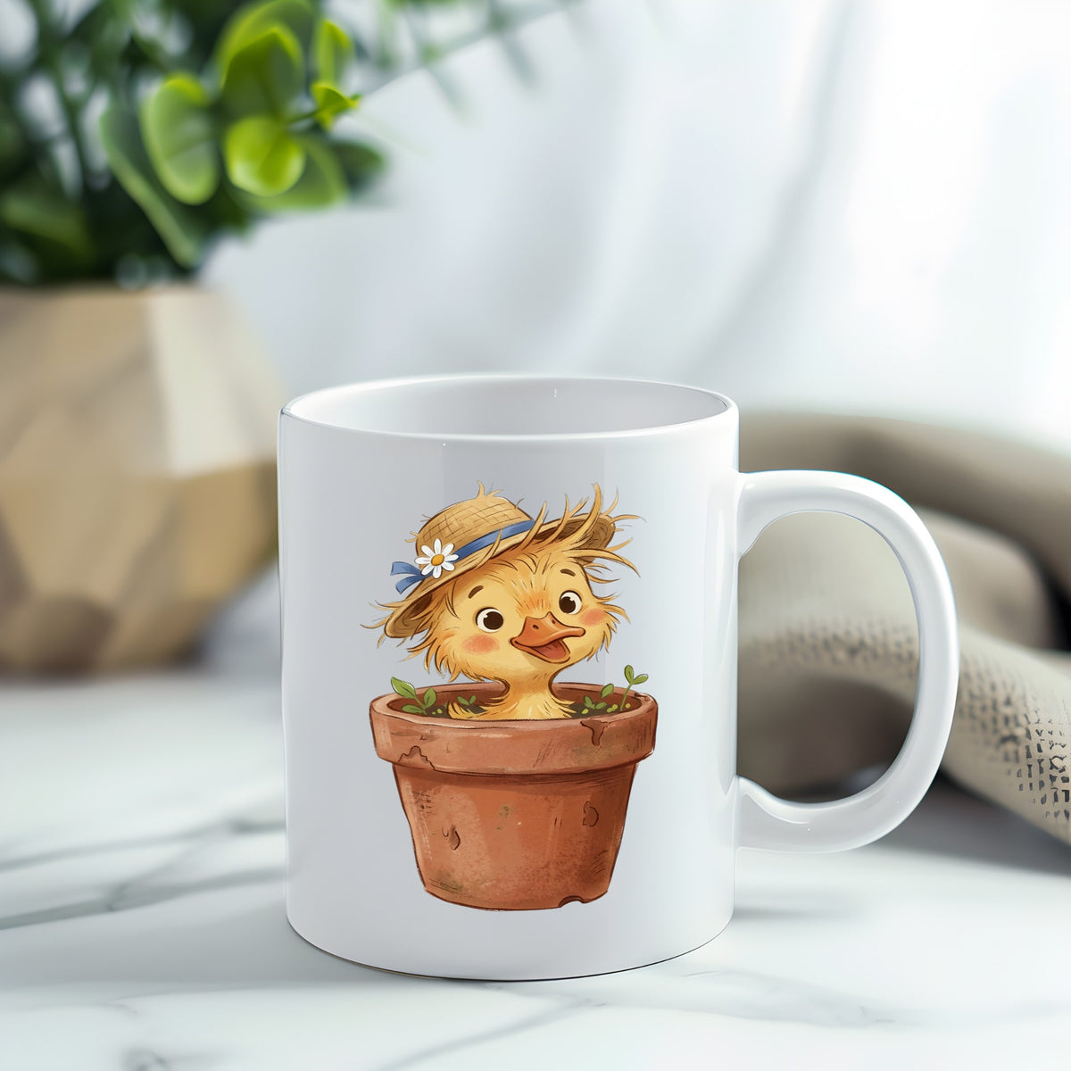 Fluffy Duckling In Flower Pot UV DTF sticker applied to a white coffee mug