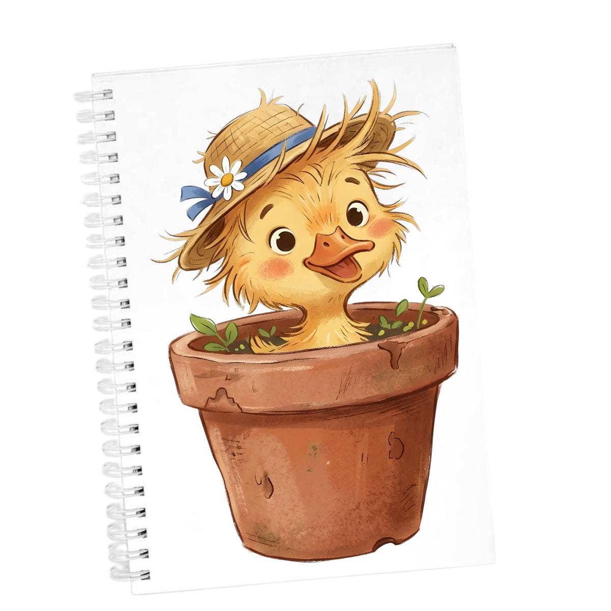 Fluffy Duckling In Flower Pot UV DTF sticker applied to the cover of a white spiral journal