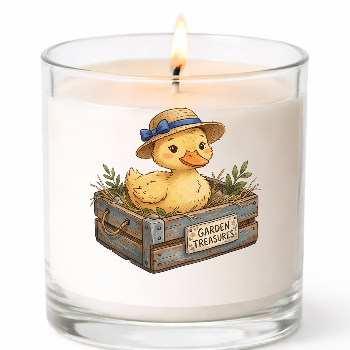 Duckling In Garden Treasures Crate UV DTF sticker applied to a white candle in a clear glass jar