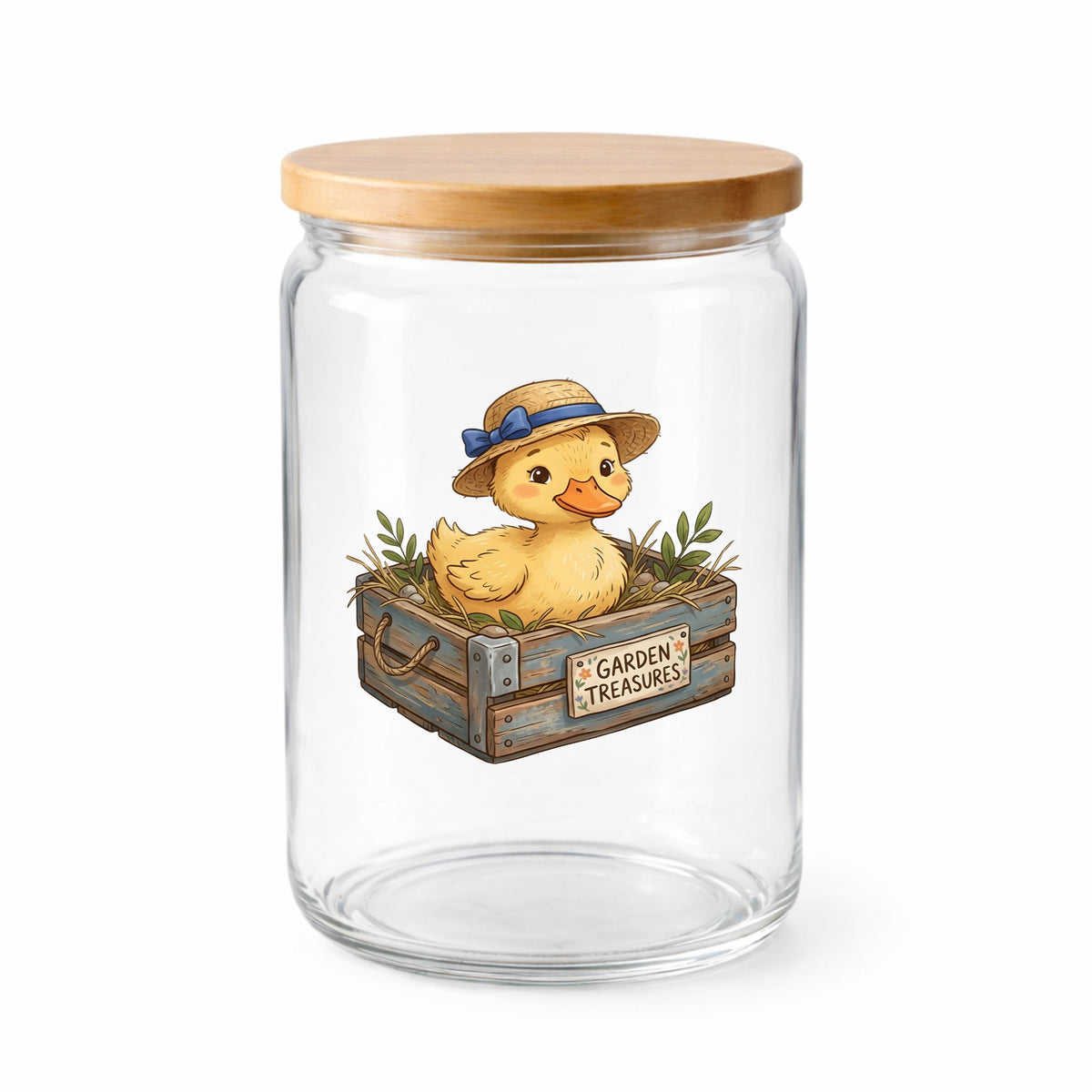 Duckling In Garden Treasures Crate UV DTF sticker applied to a clear glass jar with a wooden lid