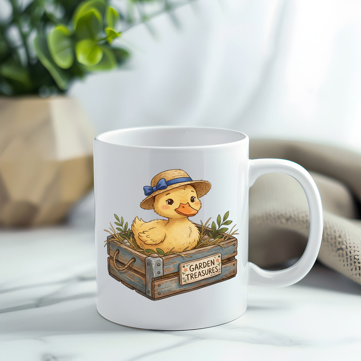 Duckling In Garden Treasures Crate UV DTF sticker applied to a white coffee mug