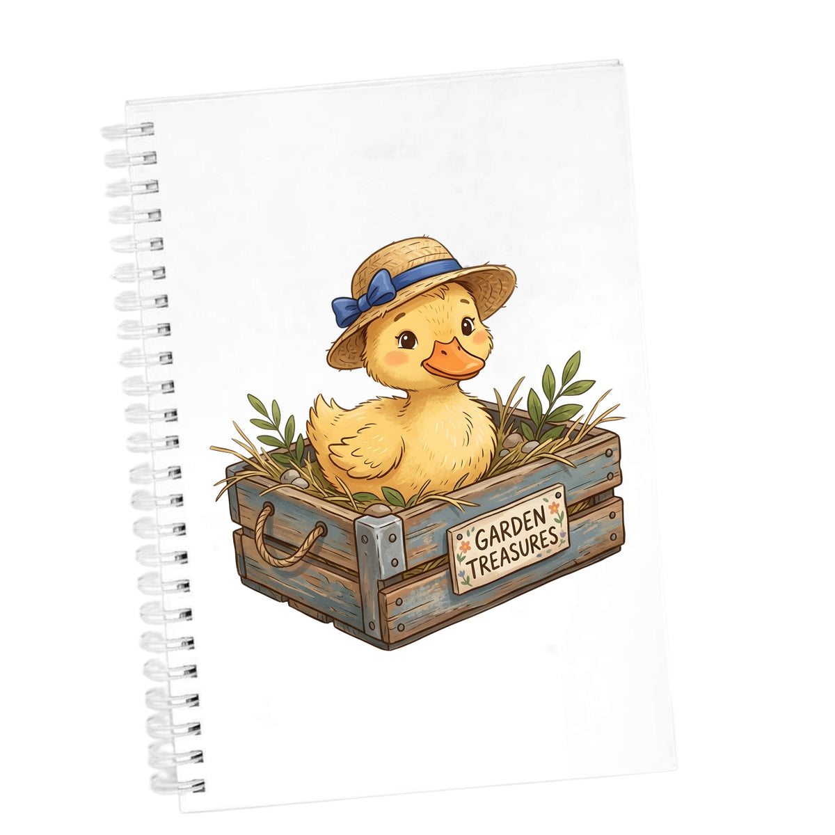 Duckling In Garden Treasures Crate UV DTF sticker applied to the cover of a white spiral journal