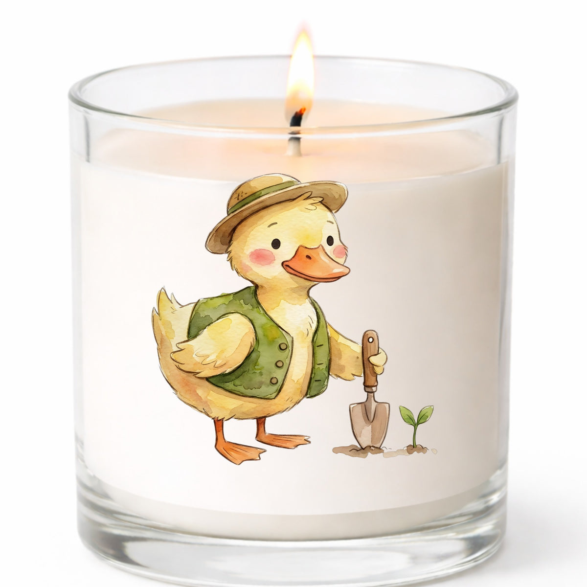 Duck In Green Vest With Garden Trowel UV DTF sticker applied to a white candle in a clear glass jar