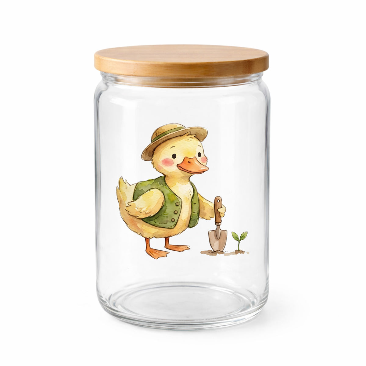 Duck In Green Vest With Garden Trowel UV DTF sticker applied to a clear glass jar with a wooden lid