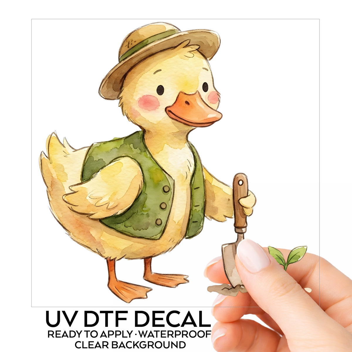 Duck In Green Vest With Garden Trowel UV DTF sticker on its backing card, held in hand