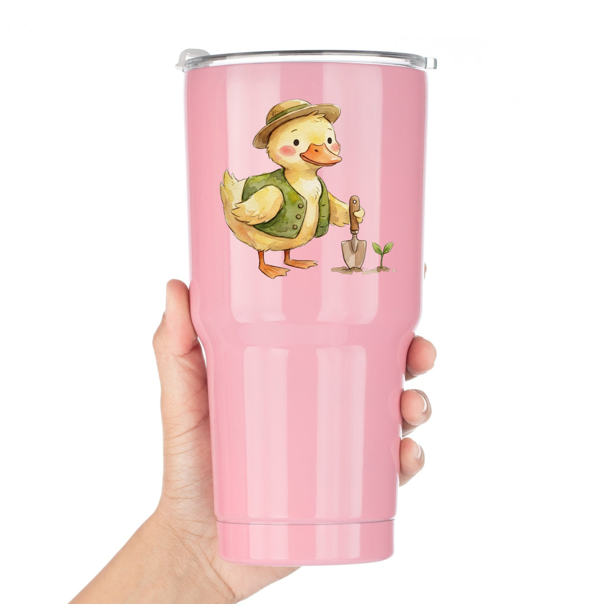 Duck In Green Vest With Garden Trowel UV DTF sticker applied to a pink tumbler held against a white background
