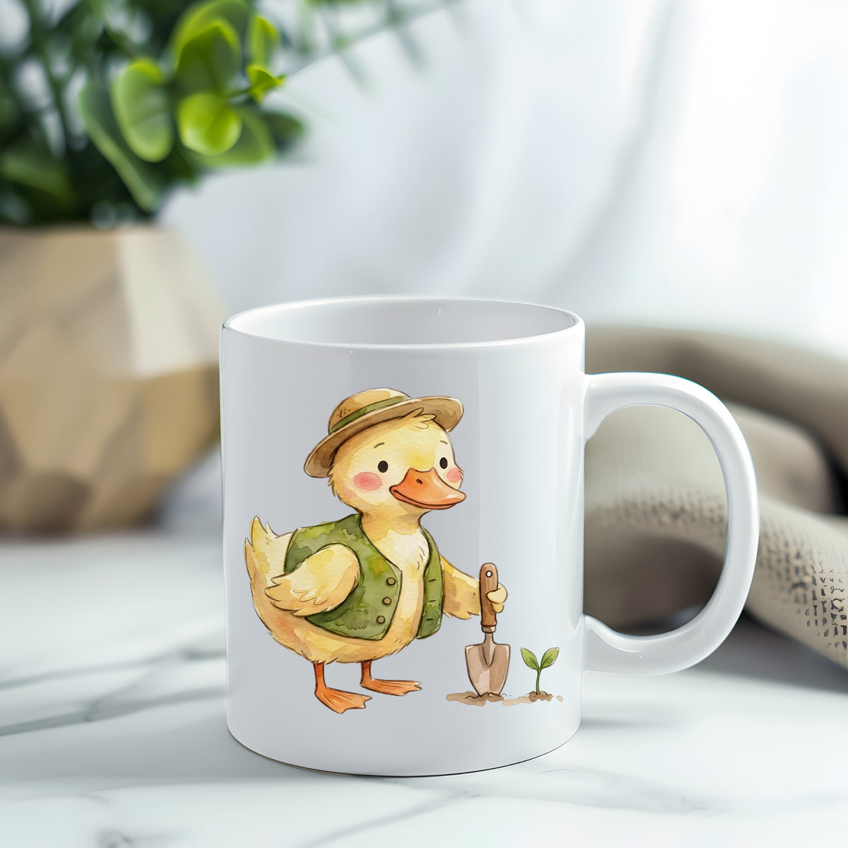 Duck In Green Vest With Garden Trowel UV DTF sticker applied to a white coffee mug