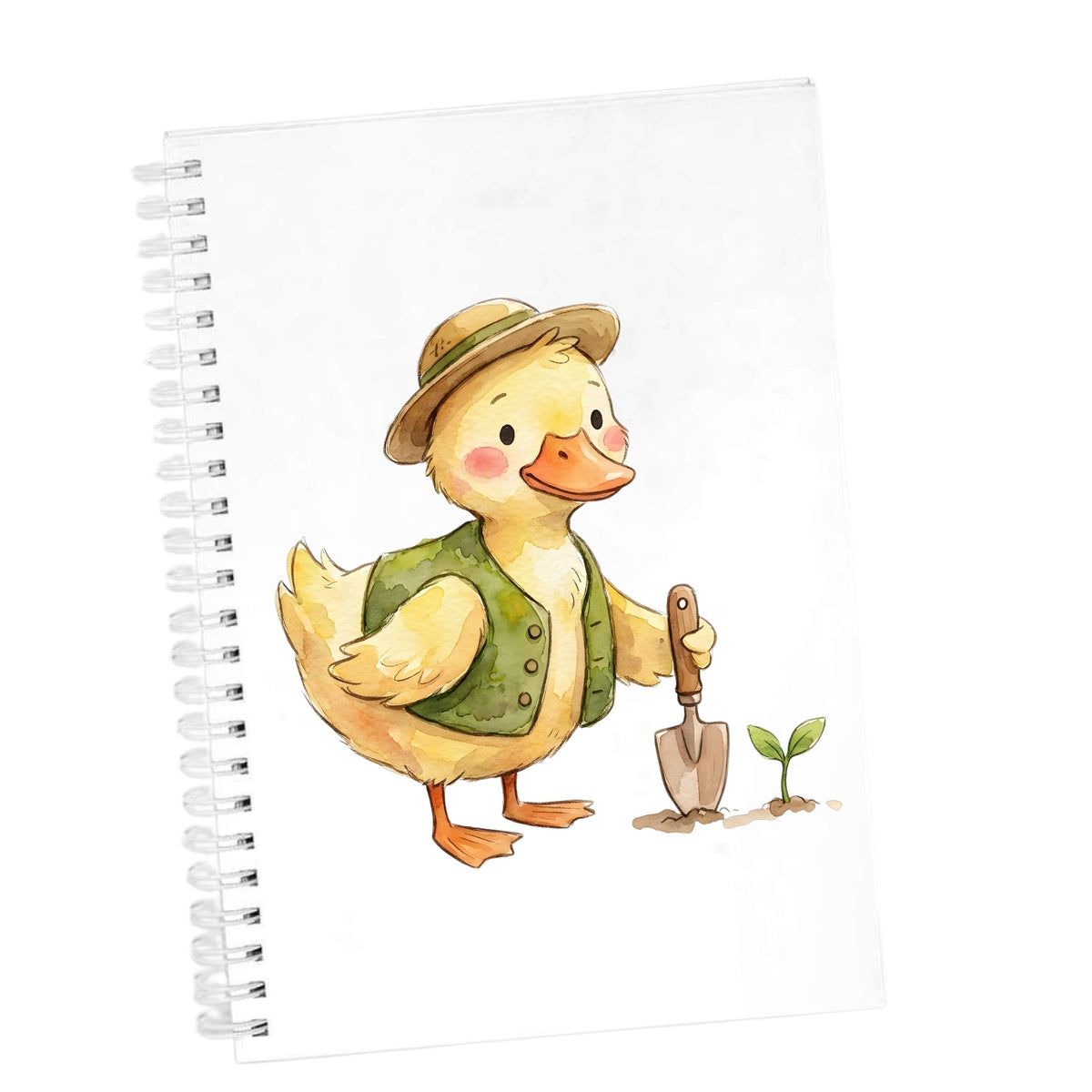 Duck In Green Vest With Garden Trowel UV DTF sticker applied to the cover of a white spiral journal