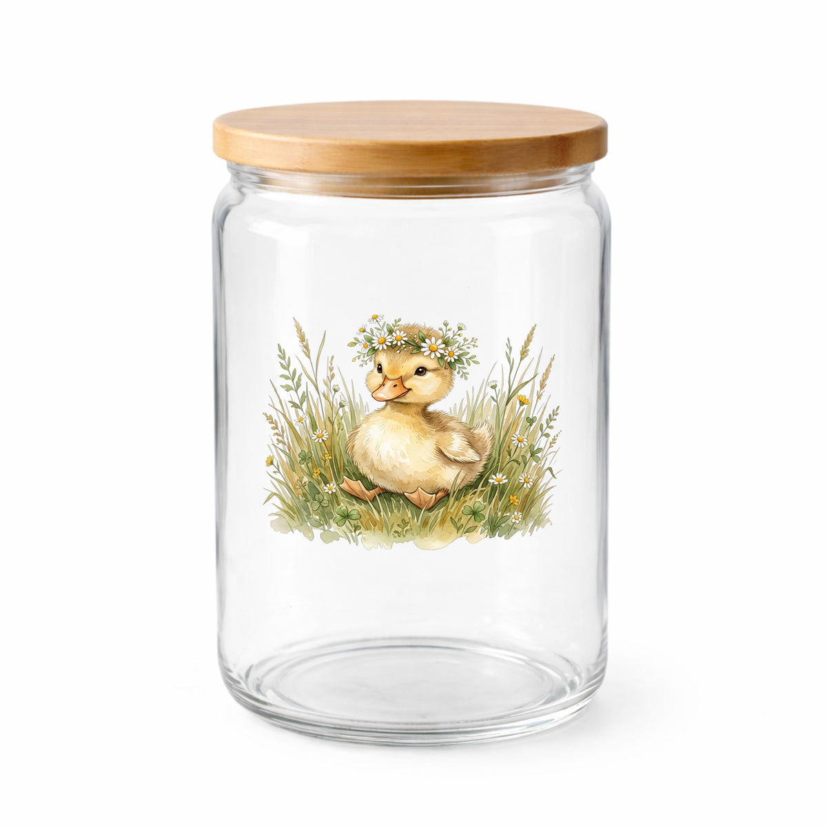 Duckling With Daisy Crown In Grass UV DTF sticker applied to a clear glass jar with a wooden lid