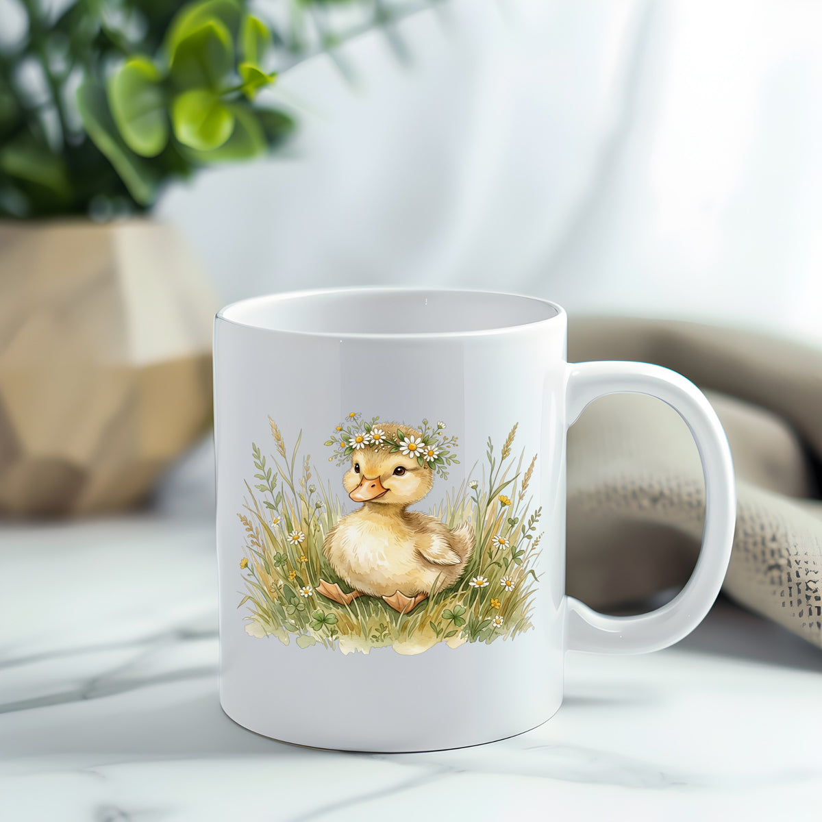 Duckling With Daisy Crown In Grass UV DTF sticker applied to a white coffee mug