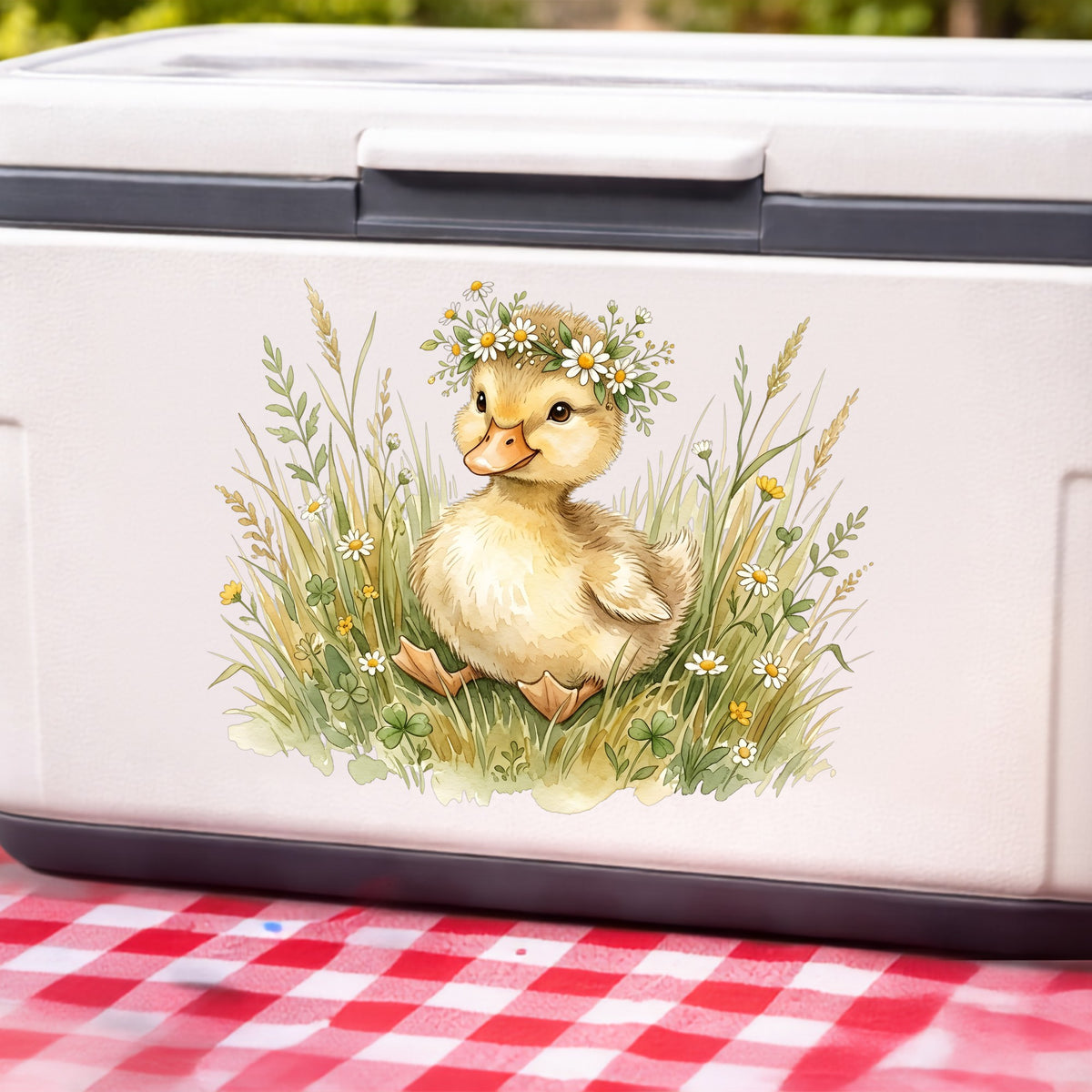 Duckling With Daisy Crown In Grass UV DTF sticker applied to a white cooler on a red gingham cloth