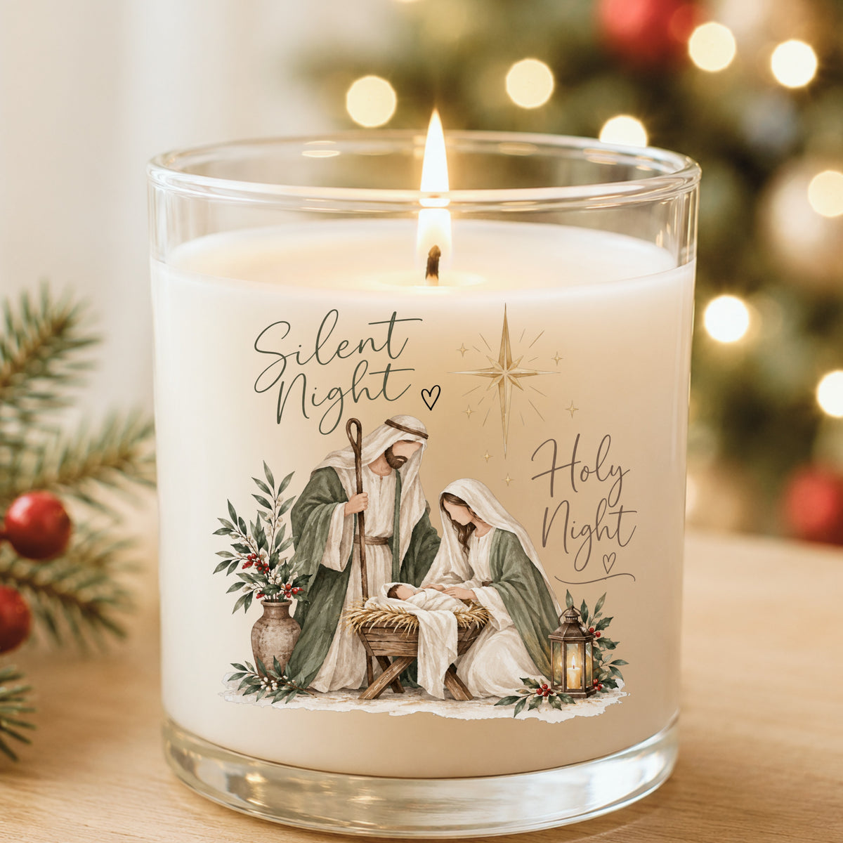 Silent Night Nativity Scene UV DTF sticker applied to a white candle in a glass holder near Christmas lights