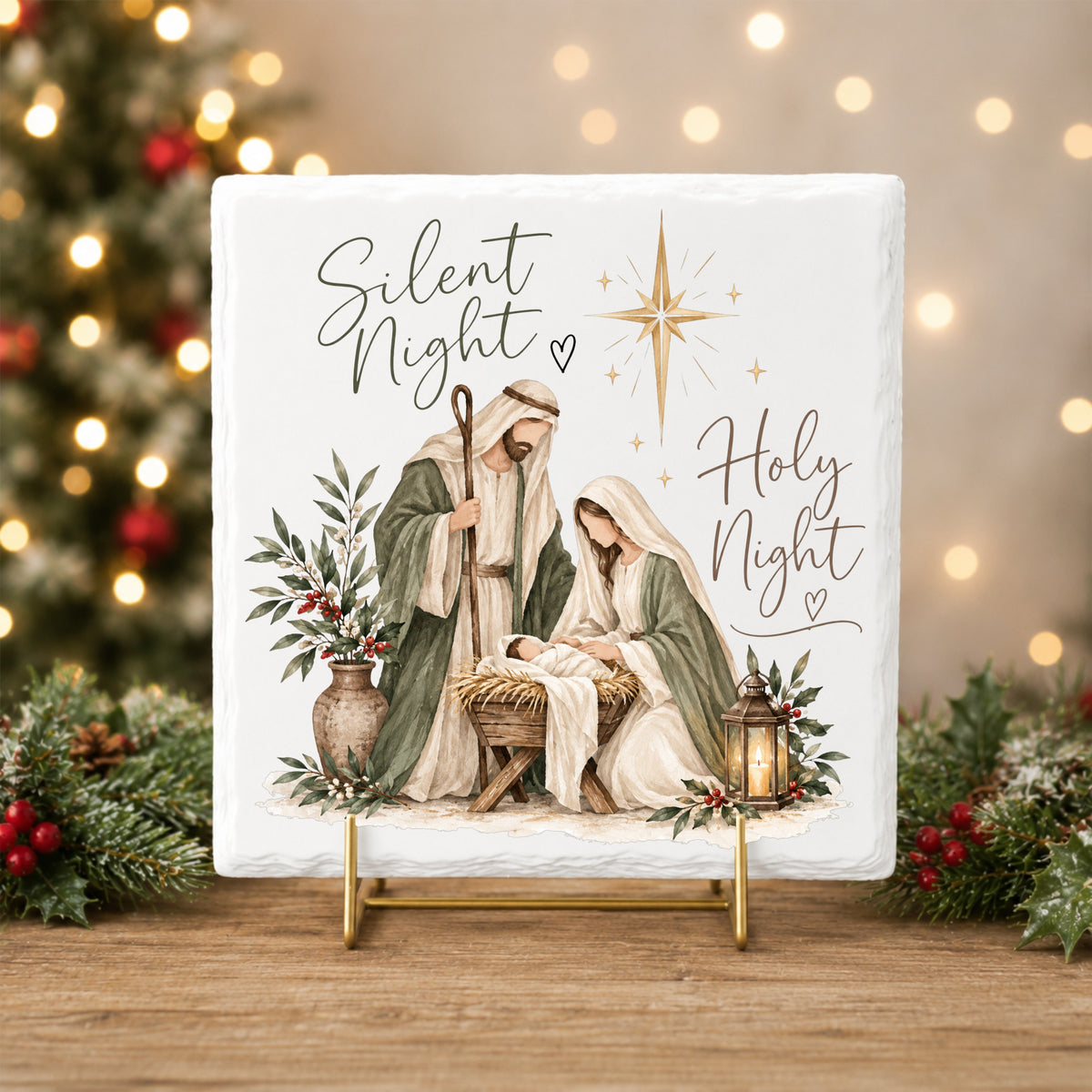 Silent Night Nativity Scene UV DTF sticker applied to a white tile on a gold stand