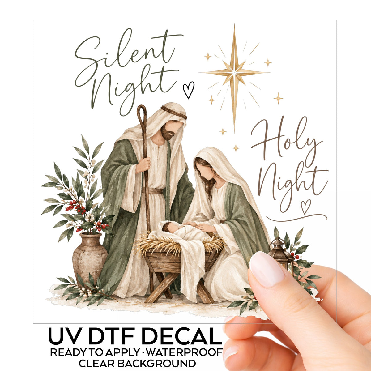 Silent Night Nativity Scene UV DTF sticker on its backing card, held in hand